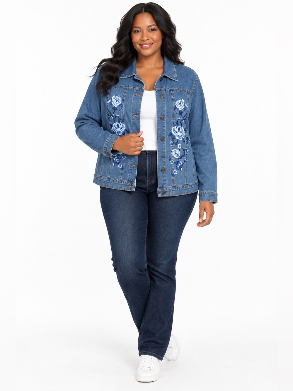 Embroidered Rose Blue Denim Jean Jacket Women’s Size 12 Boho Cottagecore Classic